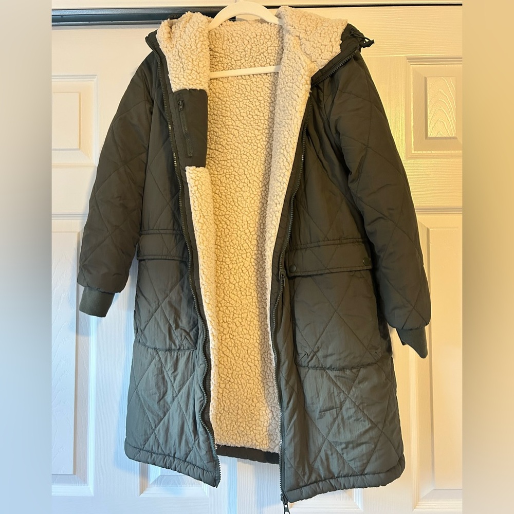 REVERSIBLE Olive Green Quilted Coat with Sherpa Lining
